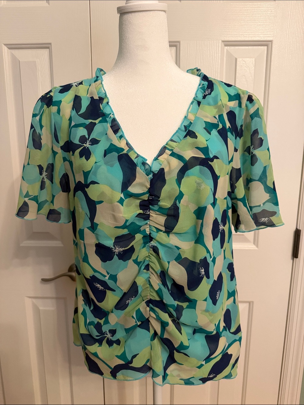 CAbi Teal, Navy & Lime Floral Ruched V-Neck Blouse